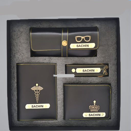 Personalized Men's Wallet, Keychain, Eyewear Case & Passport Cover with Name. & Charm Gift Combo